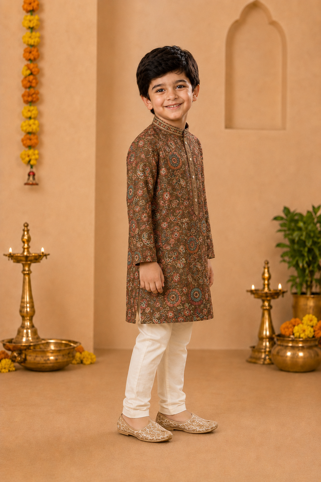 Chocolate Brown Printed Kurta With Off-white Pyjama