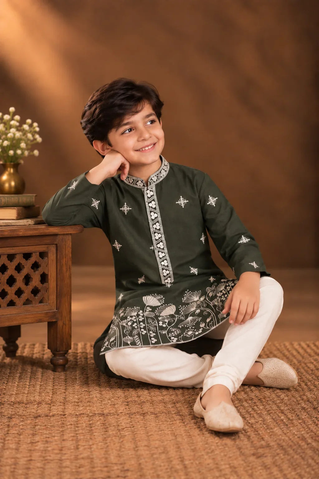 Deep Olive Green Kurta With White Floral Embroidery And Off-white Pyjama