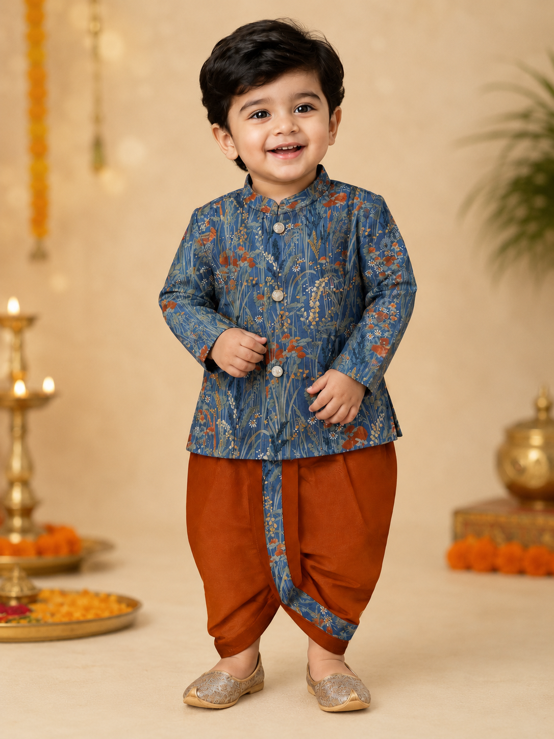 Blue Printed Kurta With Rust Dhoti