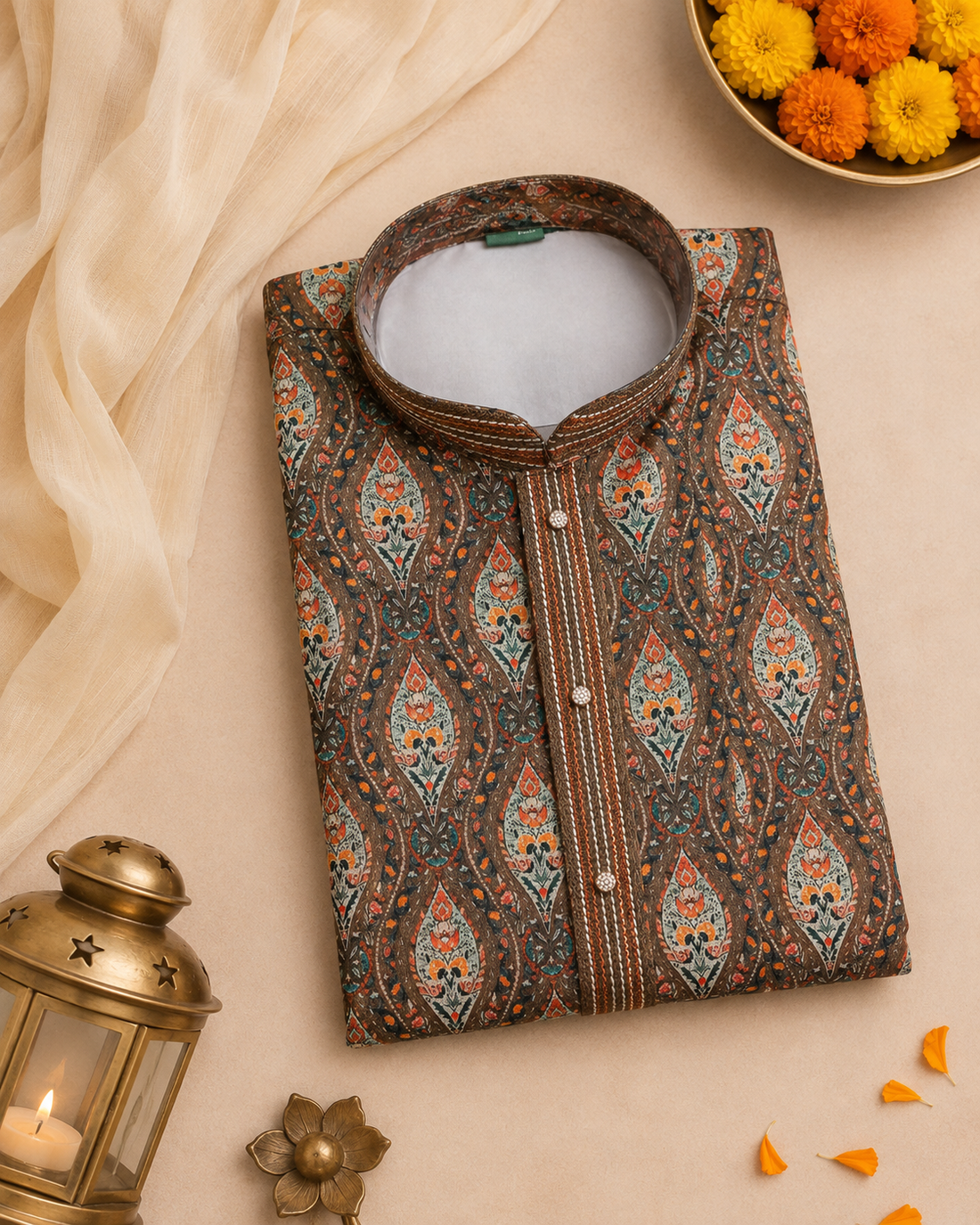 Vintage Brown Printed Kurta With Off-white Pyjama