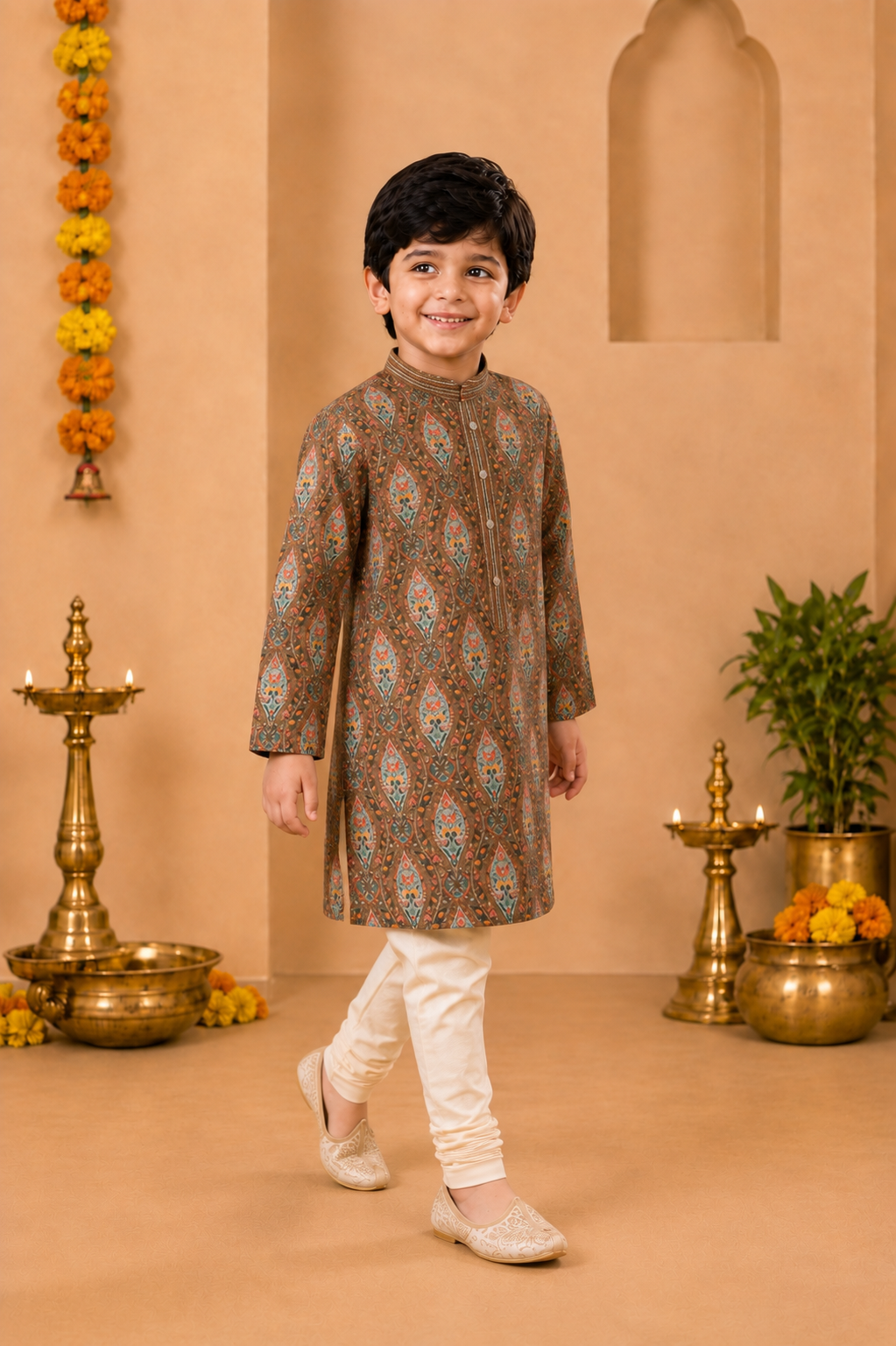 Vintage Brown Printed Kurta With Off-white Pyjama