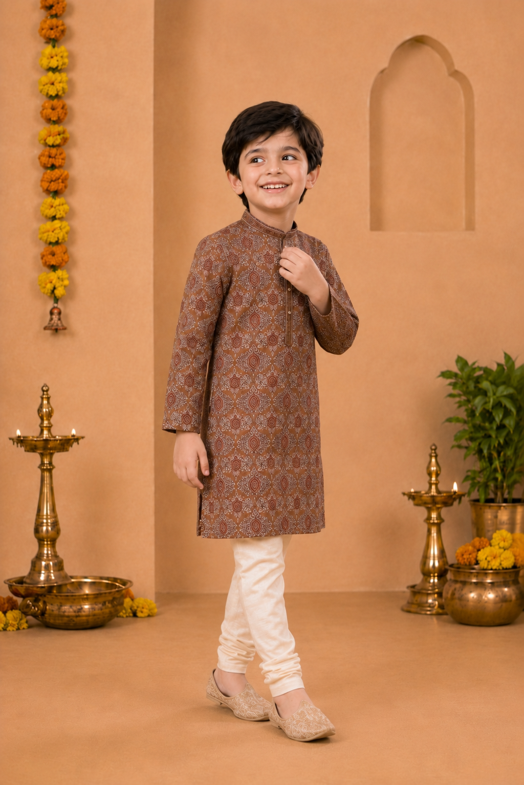 Rust Brown Printed Kurta With Off-white Pyjama