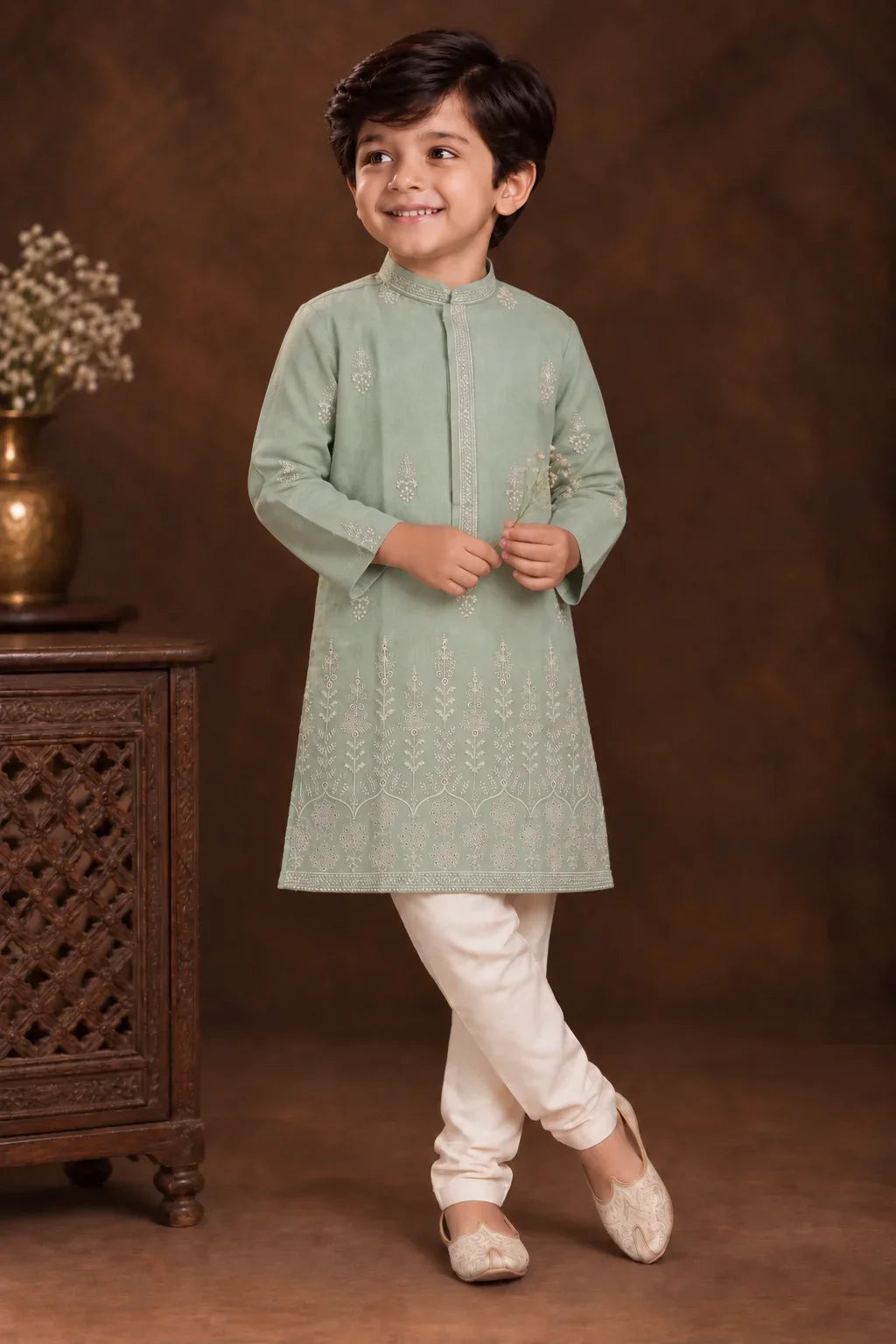 Pastel Sage Green Kurta With Tonal Embroidery And Off-white Pyjama