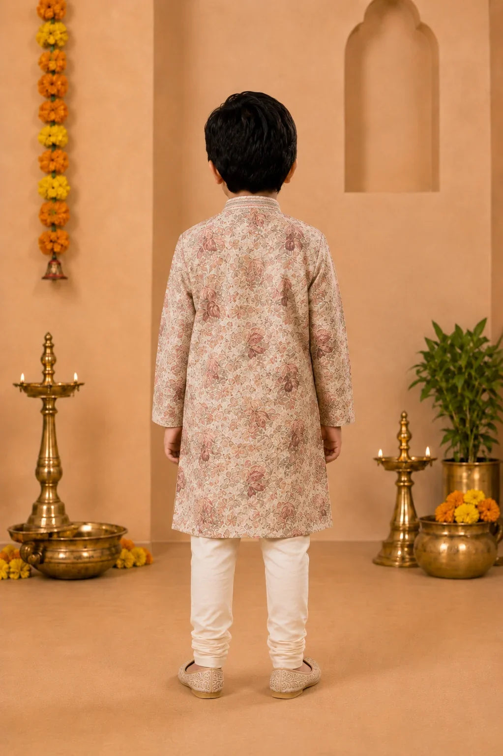 Ivory Floral Printed Kurta With Off-White Pyjama