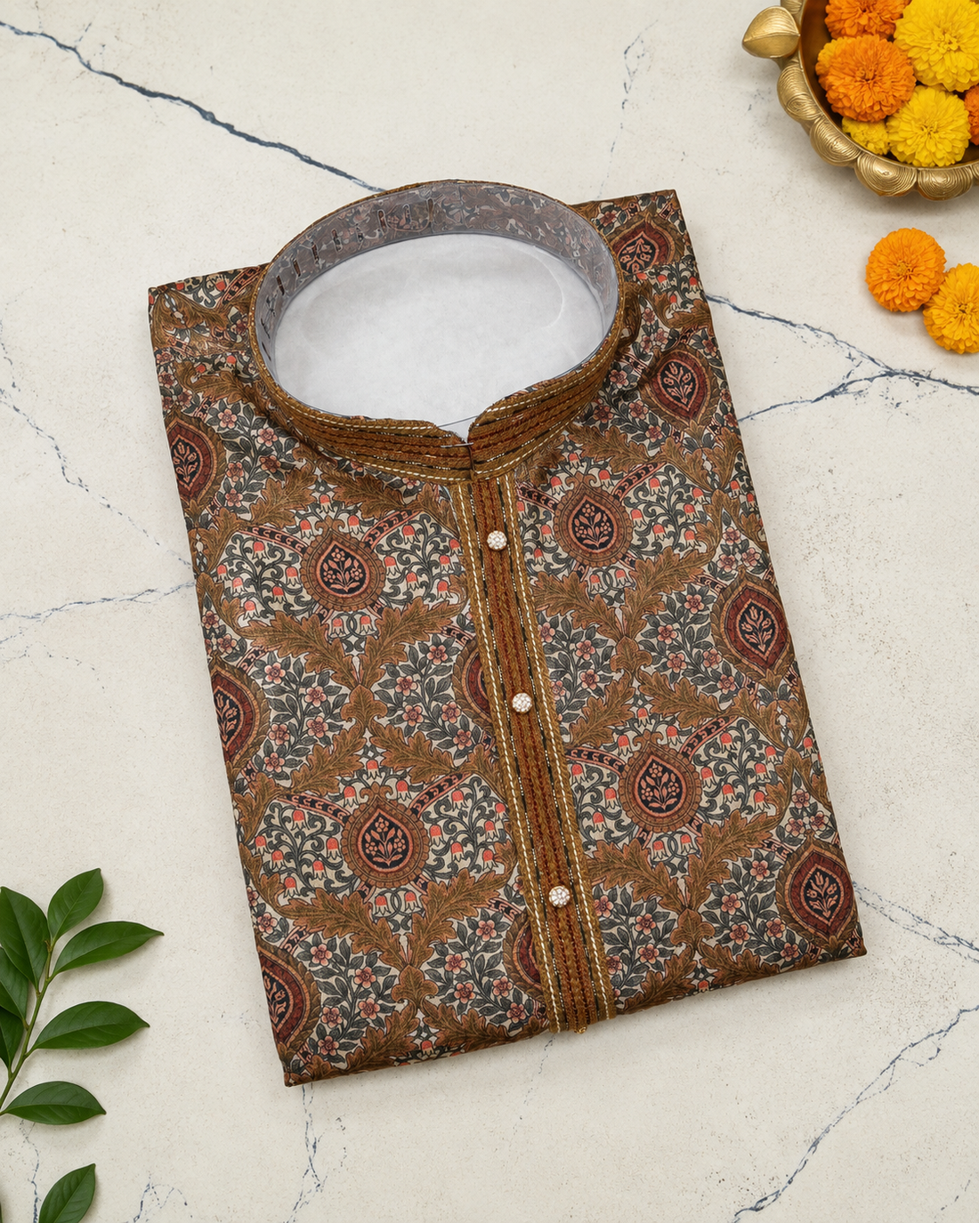 Rust Brown Printed Kurta With Off-white Pyjama