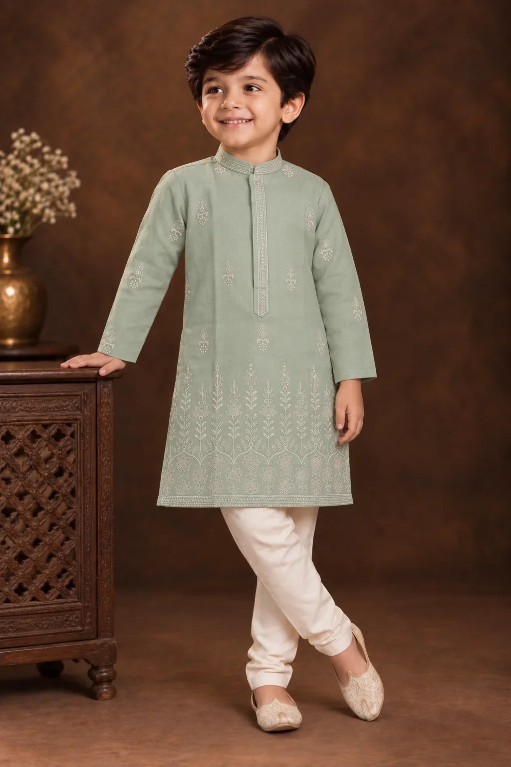 Pastel Sage Green Kurta With Tonal Embroidery And Off-white Pyjama