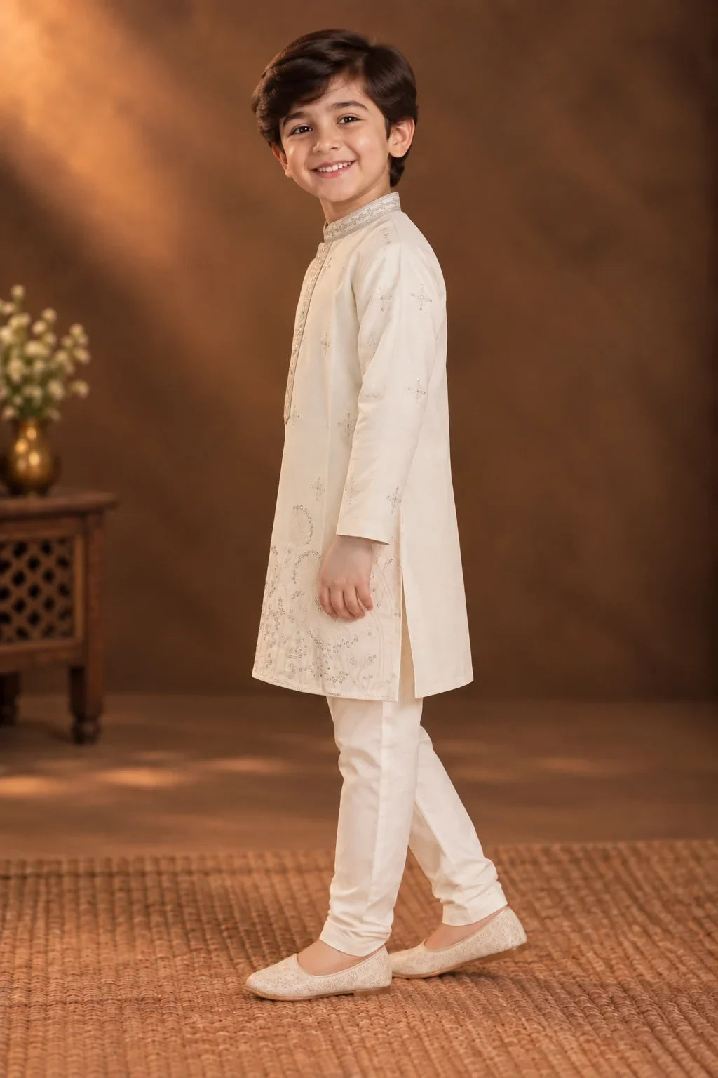 Ivory Kurta With Delicate Silver Embroidery And Off-white Pyjama