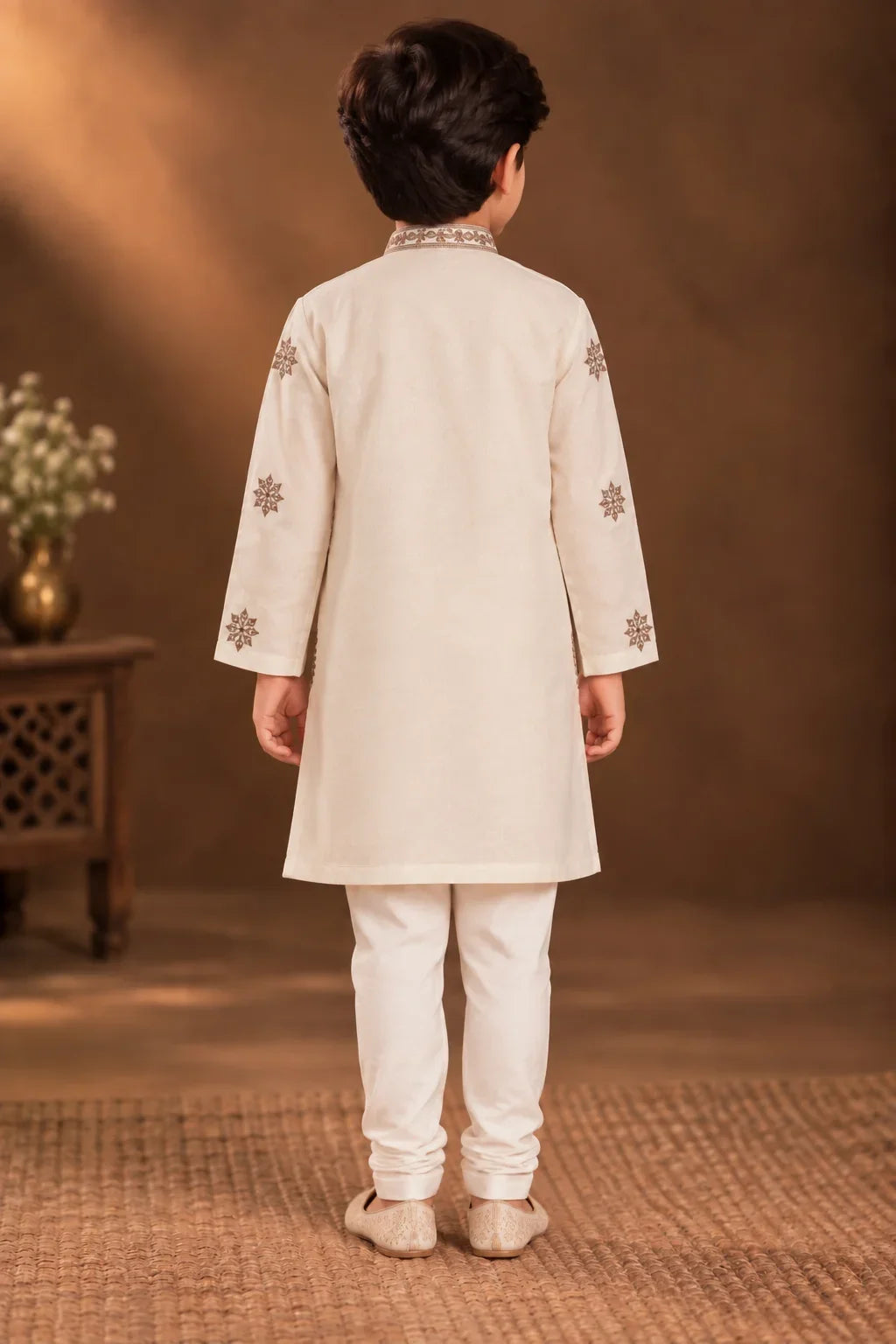 Ivory Kurta With Taupe Embroidery And Off-white Pyjama
