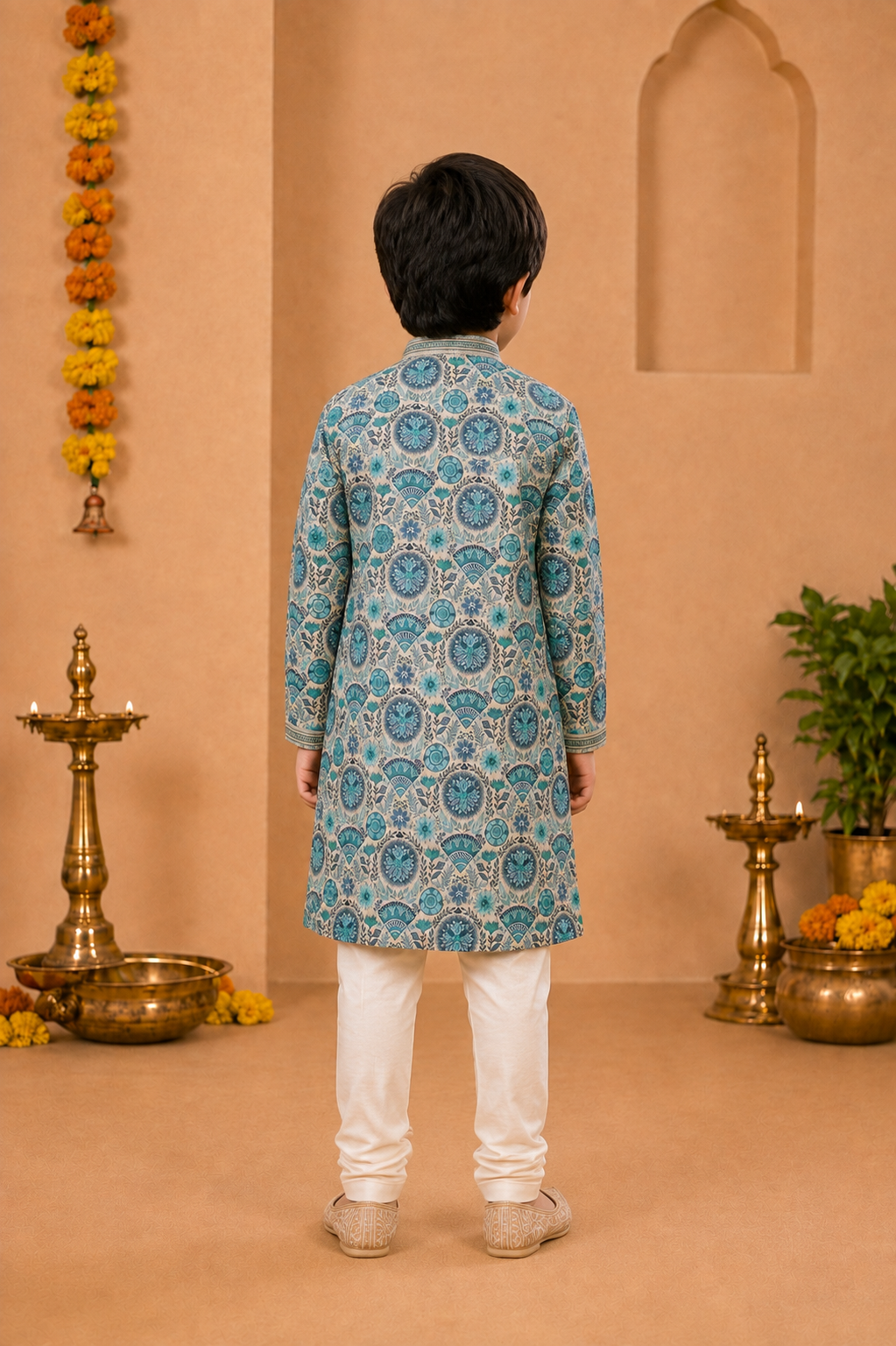 Ivory Printed Kurta With Teal-blue Motifs And Off-white Pyjama