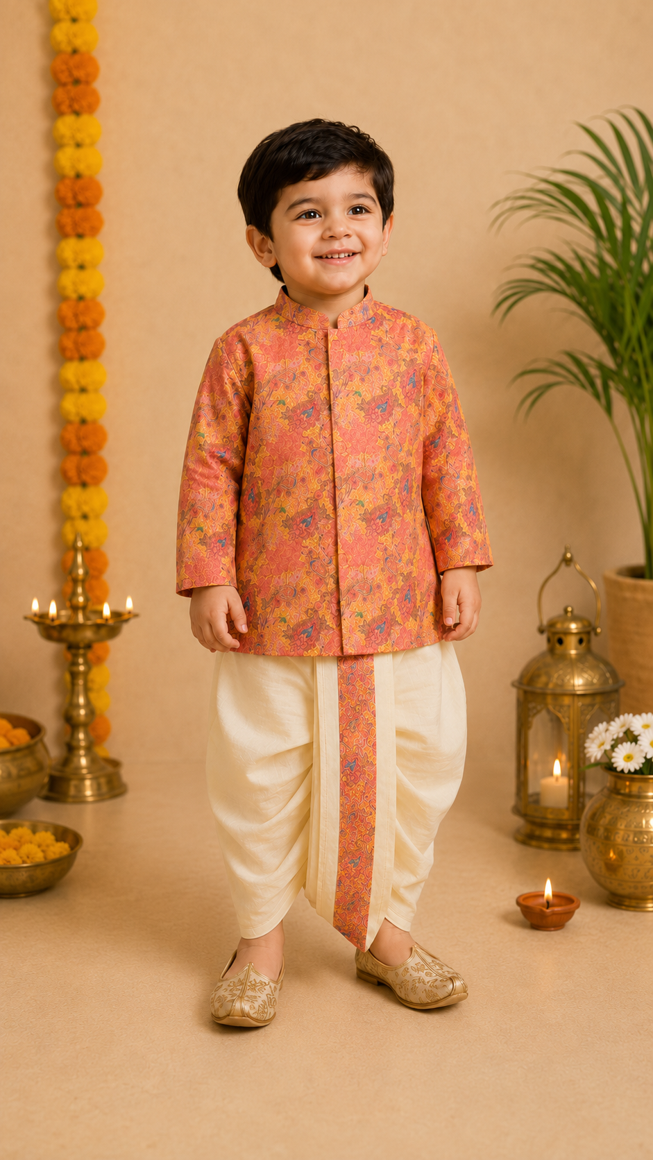 Orange Printed Kurta With Butter Yellow Dhoti