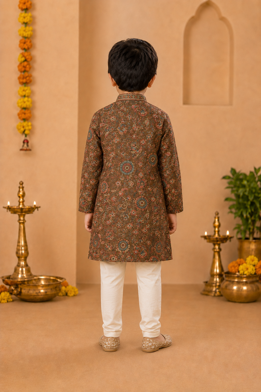 Chocolate Brown Printed Kurta With Off-white Pyjama