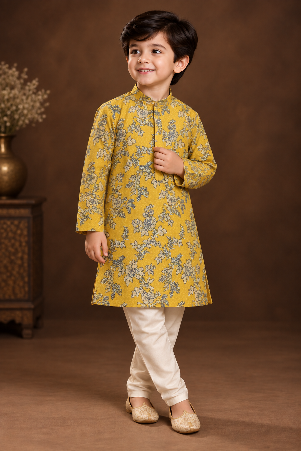 Mustard Yellow Floral Printed Kurta With Off-white Pyjama