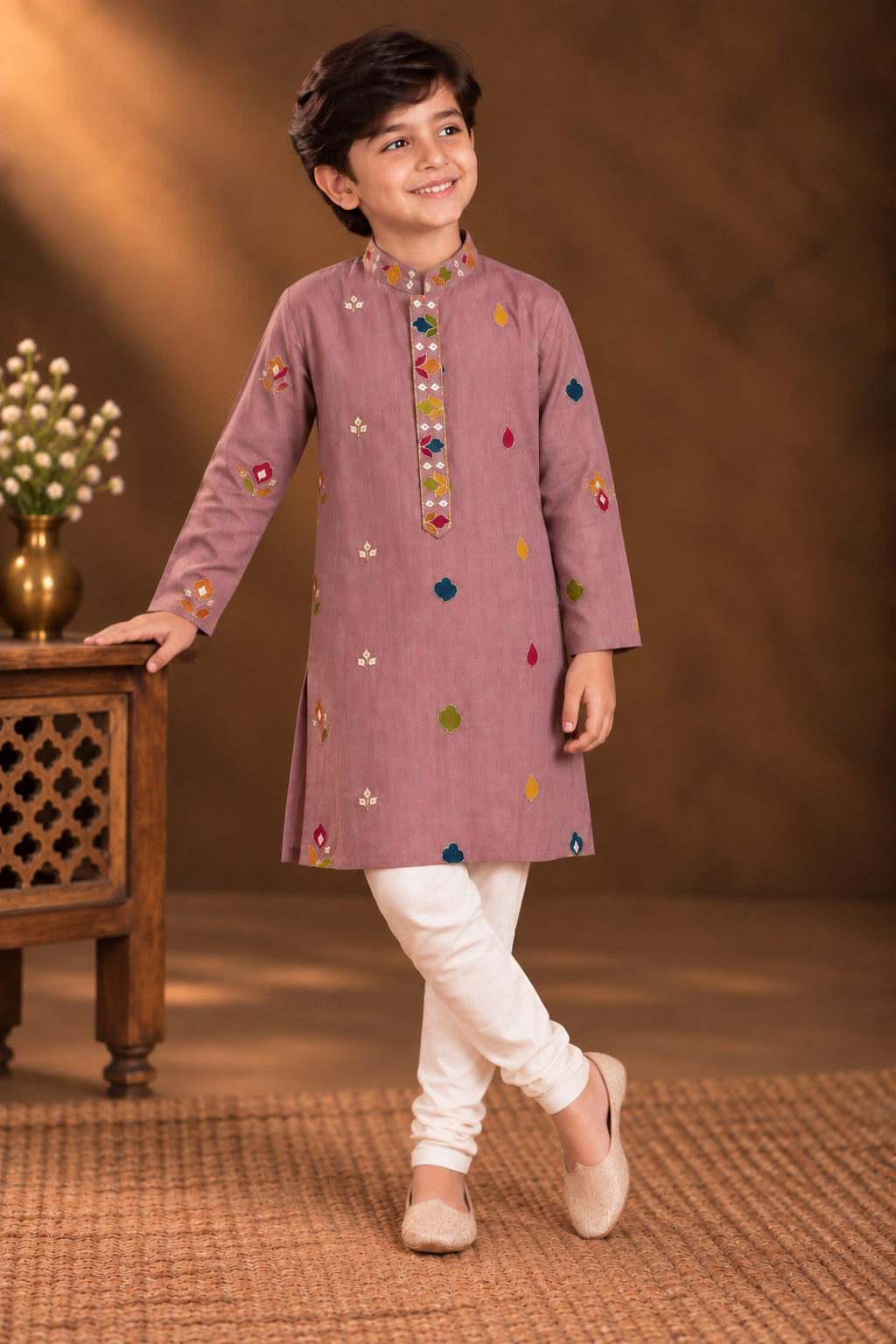 Mauve Pink Kurta With Vibrant Multicolour Floral Embroidery And Off-white Pyjama