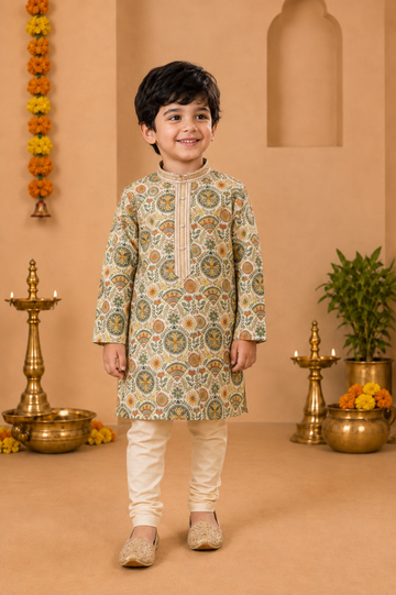 Ivory Kurta With Sage Green And Rust Floral Print And Off-white Pyjama