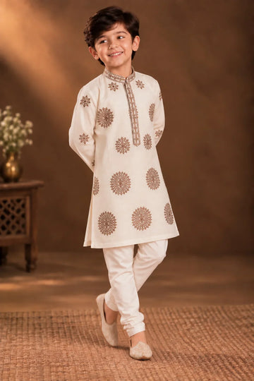 Ivory Kurta With Taupe Embroidery And Off-white Pyjama