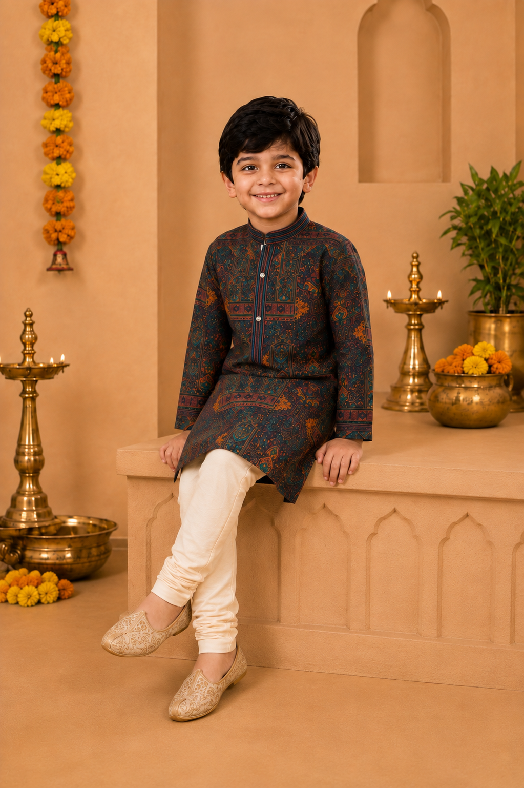 Deep Maroon Printed Kurta With Off-white Pyjama