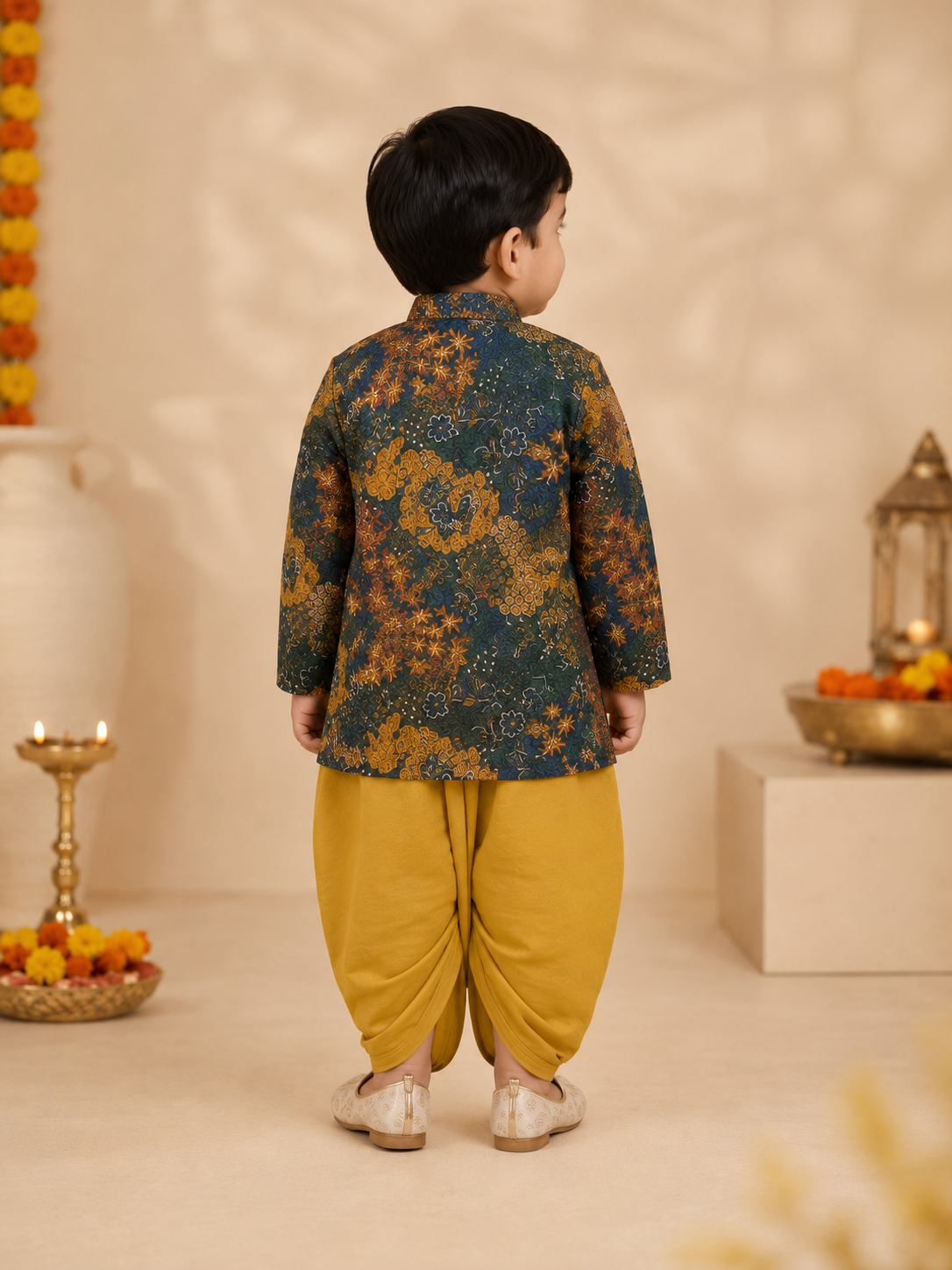 Multicolor Floral Printed Kurta With Mustard Dhoti