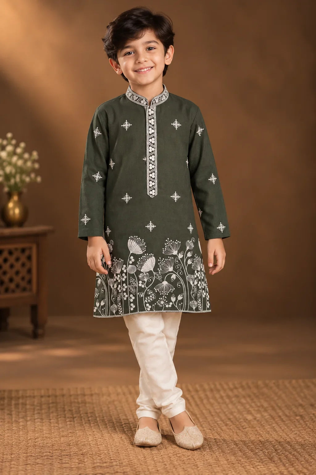 Deep Olive Green Kurta With White Floral Embroidery And Off-white Pyjama