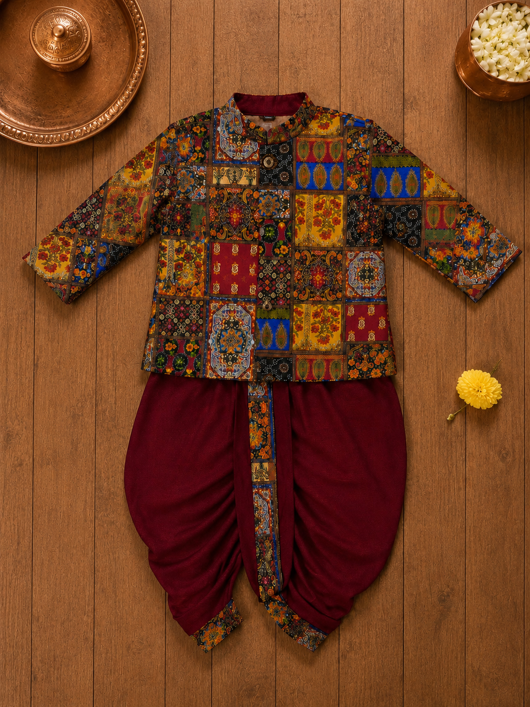 Multicolor Printed Kurta With Maroon Dhoti