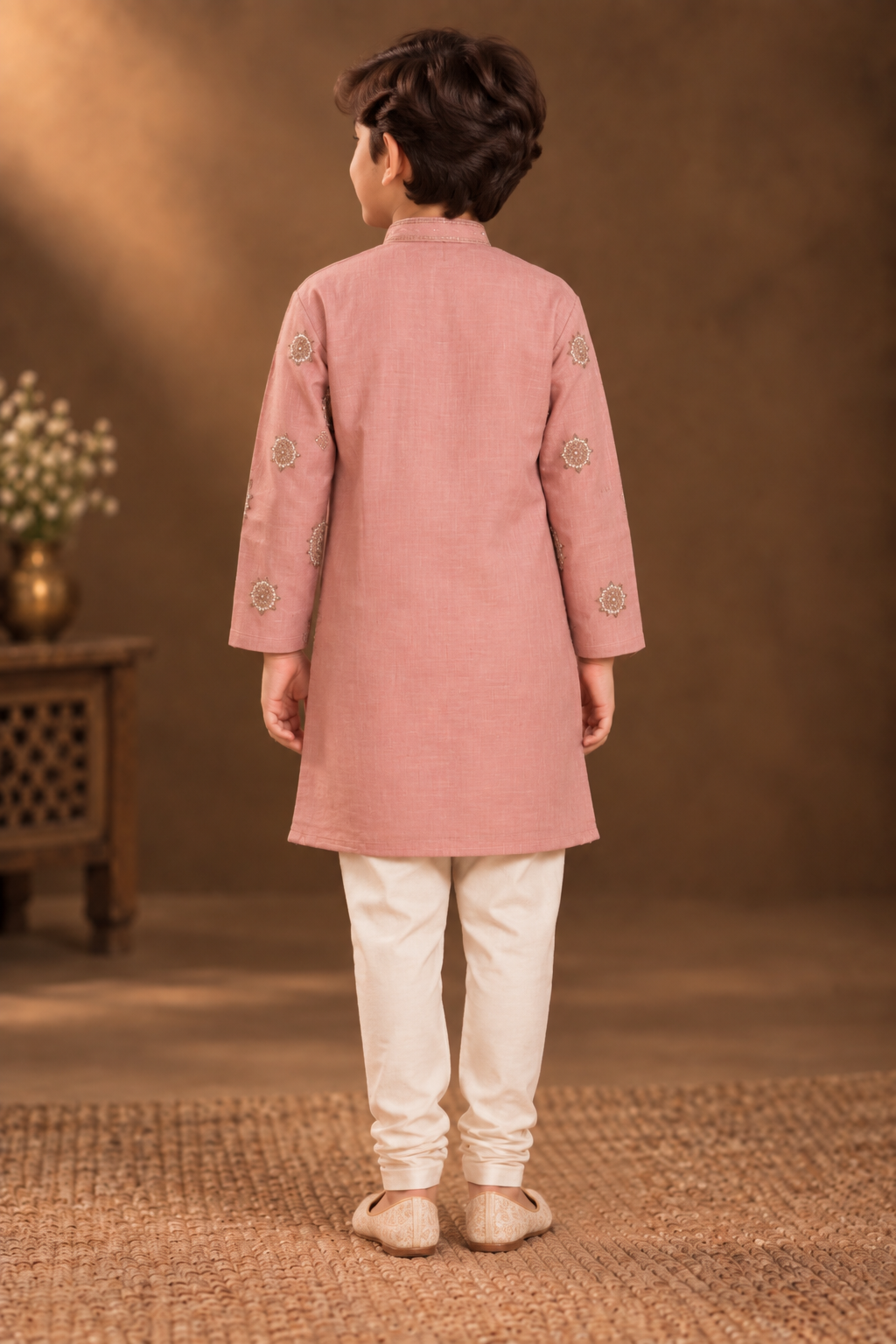 Dusty Rose Kurta With Taupe Embroidery And Off-White Pyjama