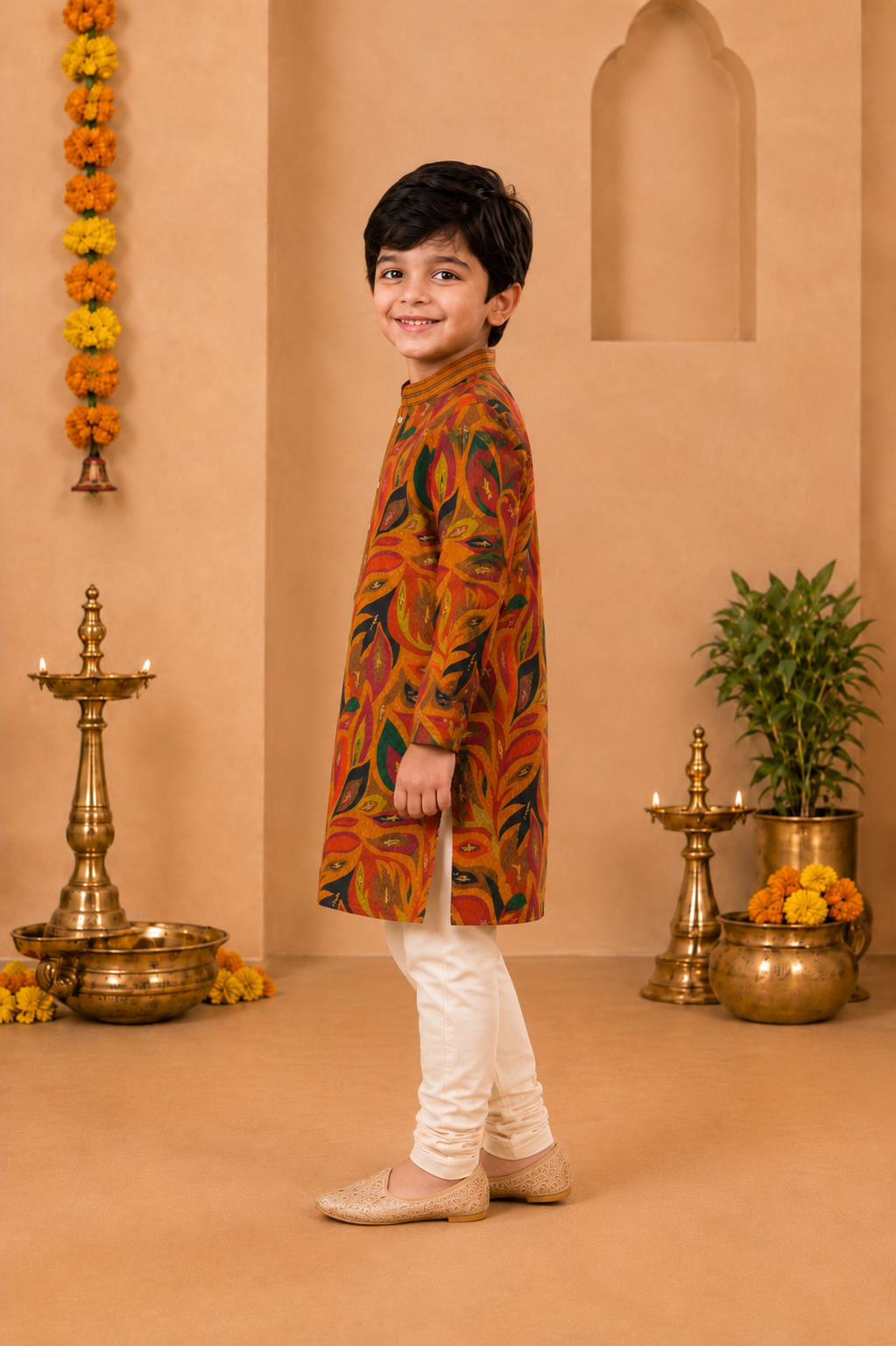Multicoloured Printed Kurta With Off-white Pyjama