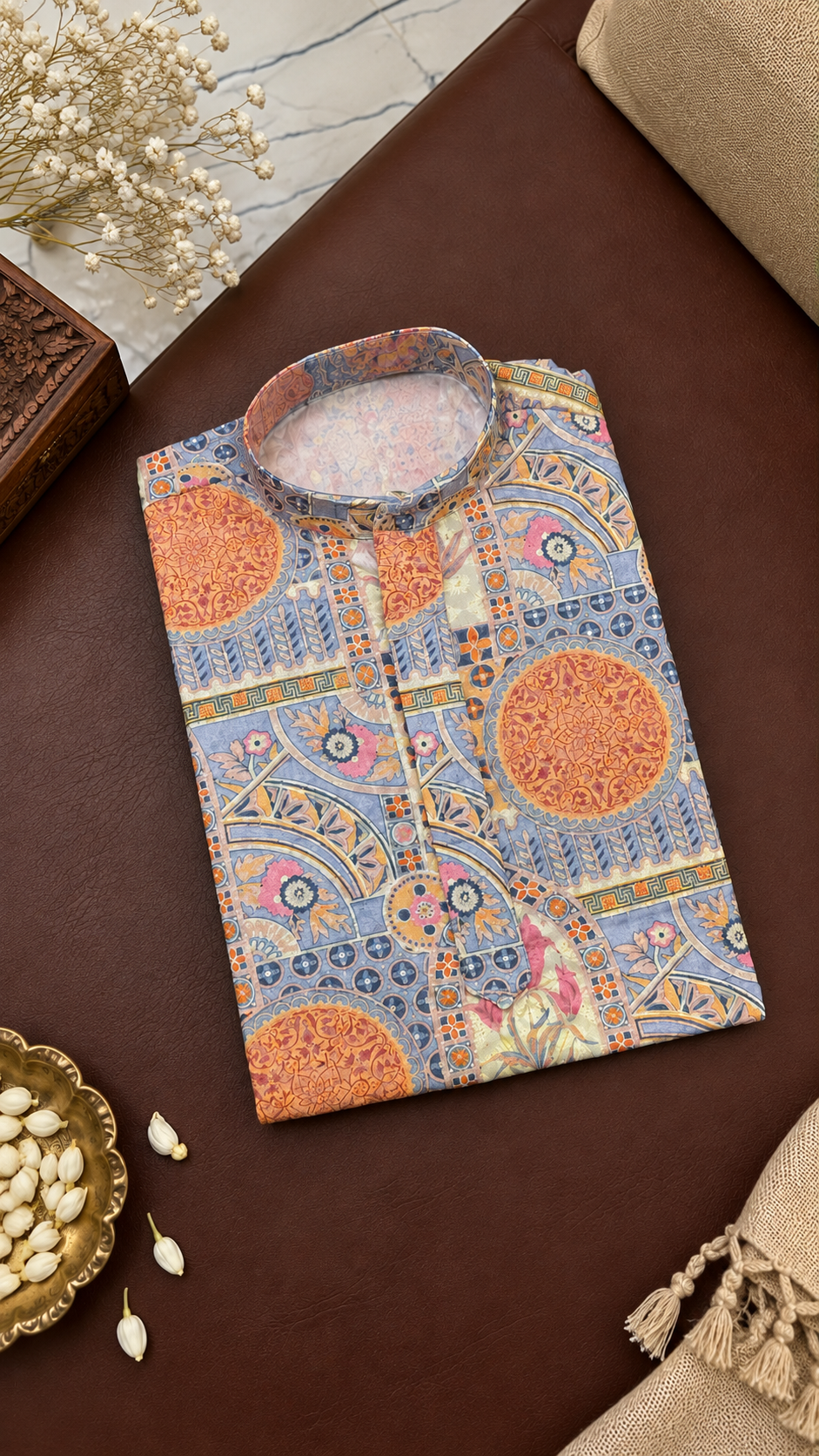 Dusty Blue And Peach Printed Kurta With Off-white Pyjama