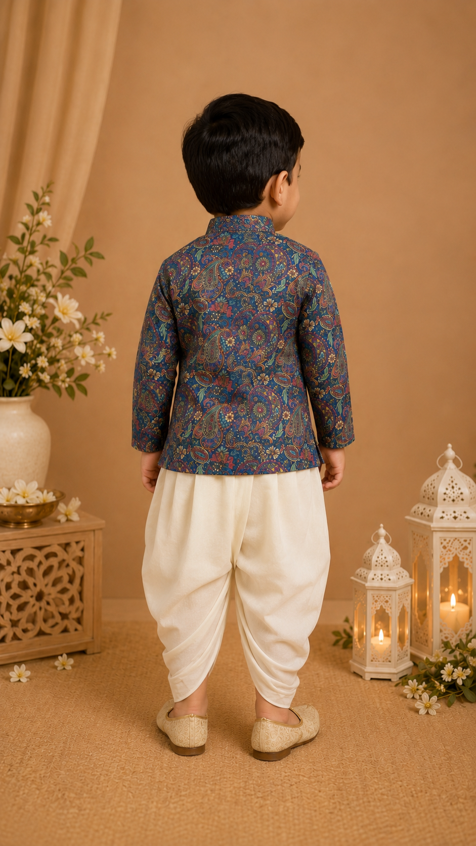 Blue Paisley Printed Kurta With Off-white Dhoti