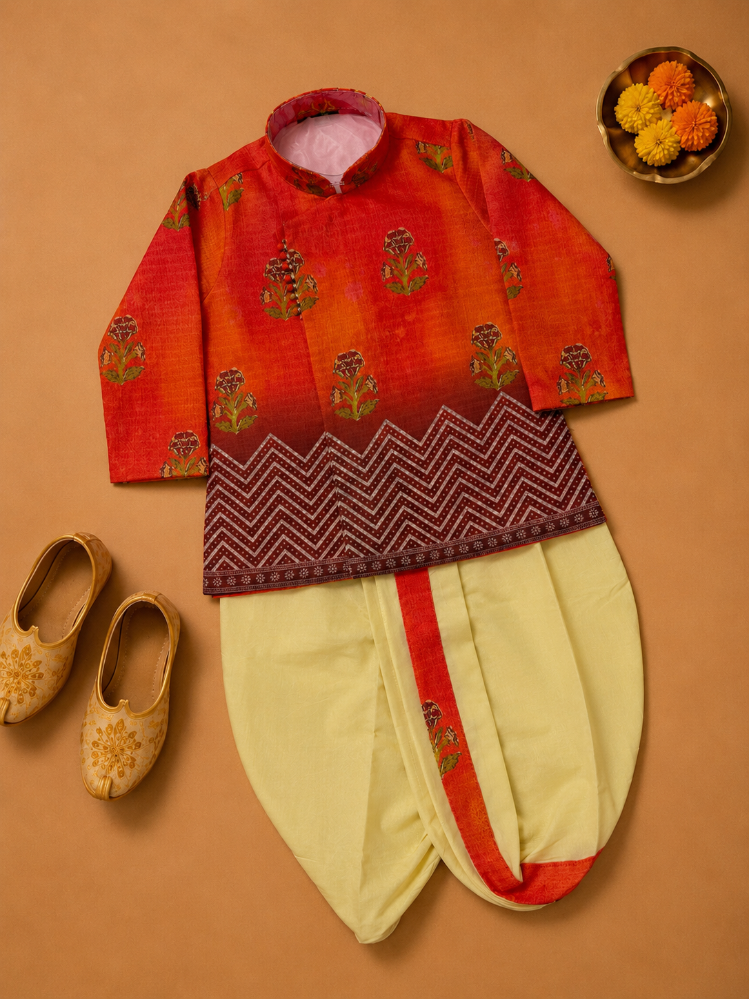 Vermilion Printed Kurta With Butter Yellow Dhoti
