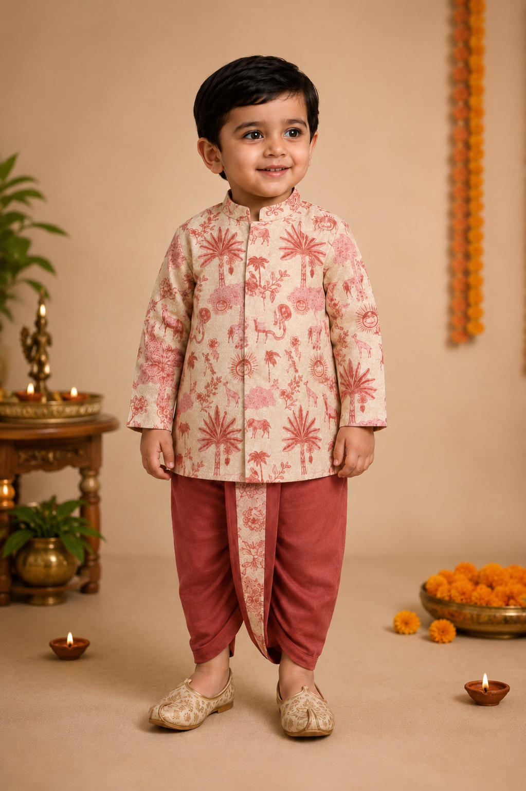Cream Printed Kurta With Brick Red Dhoti