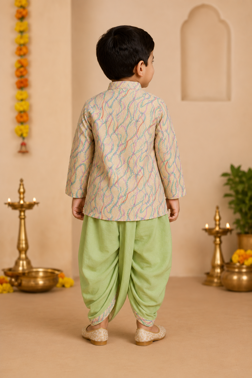 Cream Printed Kurta With Pastel Green Dhoti