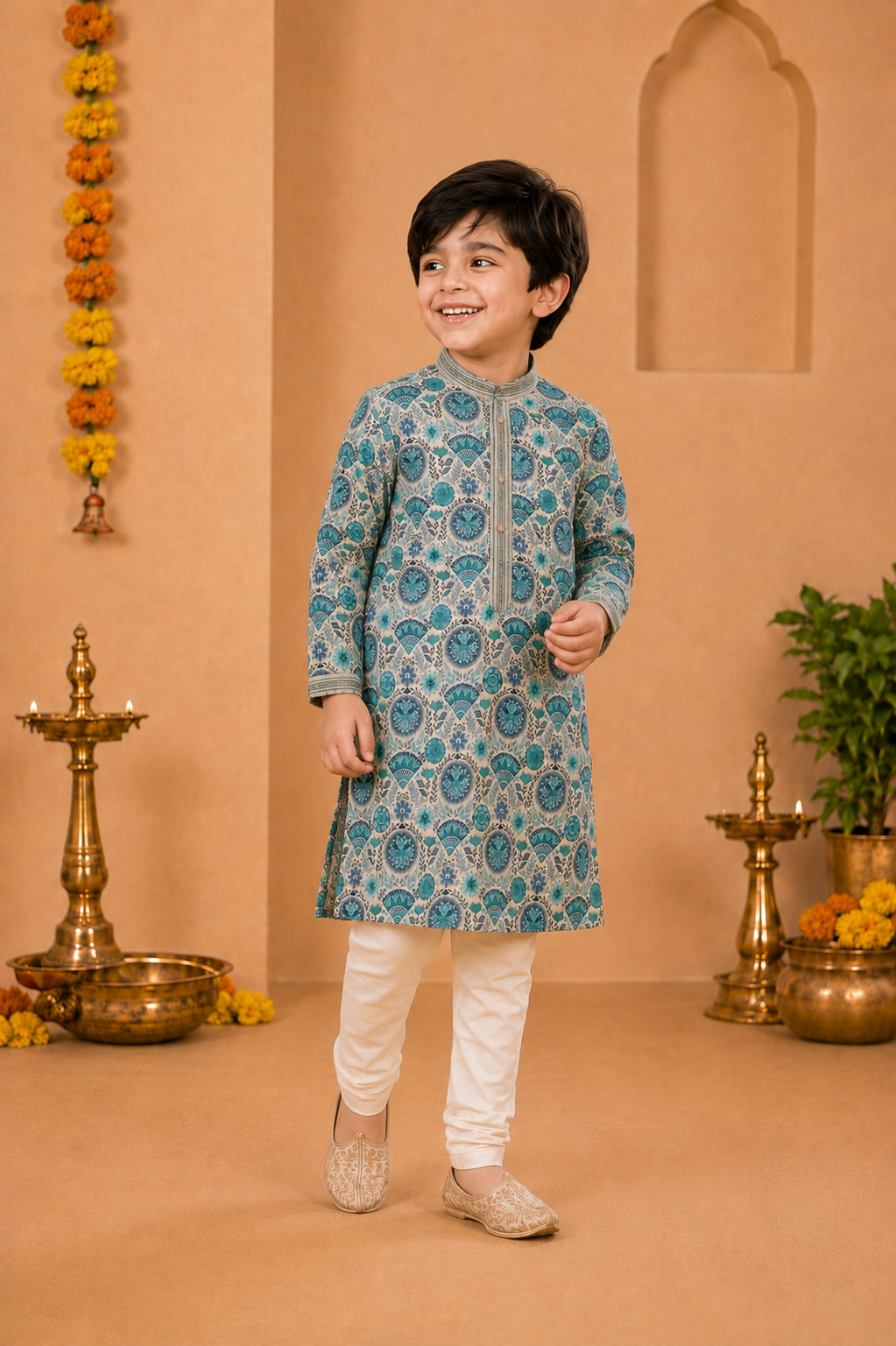 Ivory Printed Kurta With Teal-blue Motifs And Off-white Pyjama