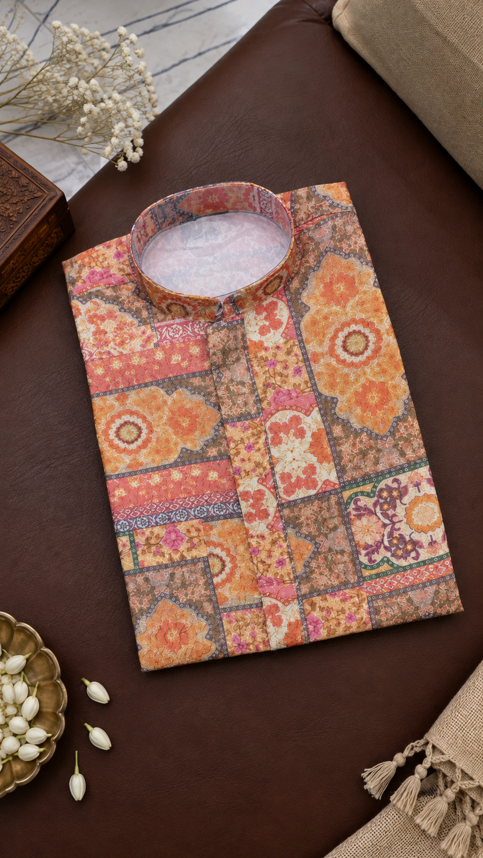 Peach & Coral Multicolour Geometric Printed Kurta With Off-white Pyjama