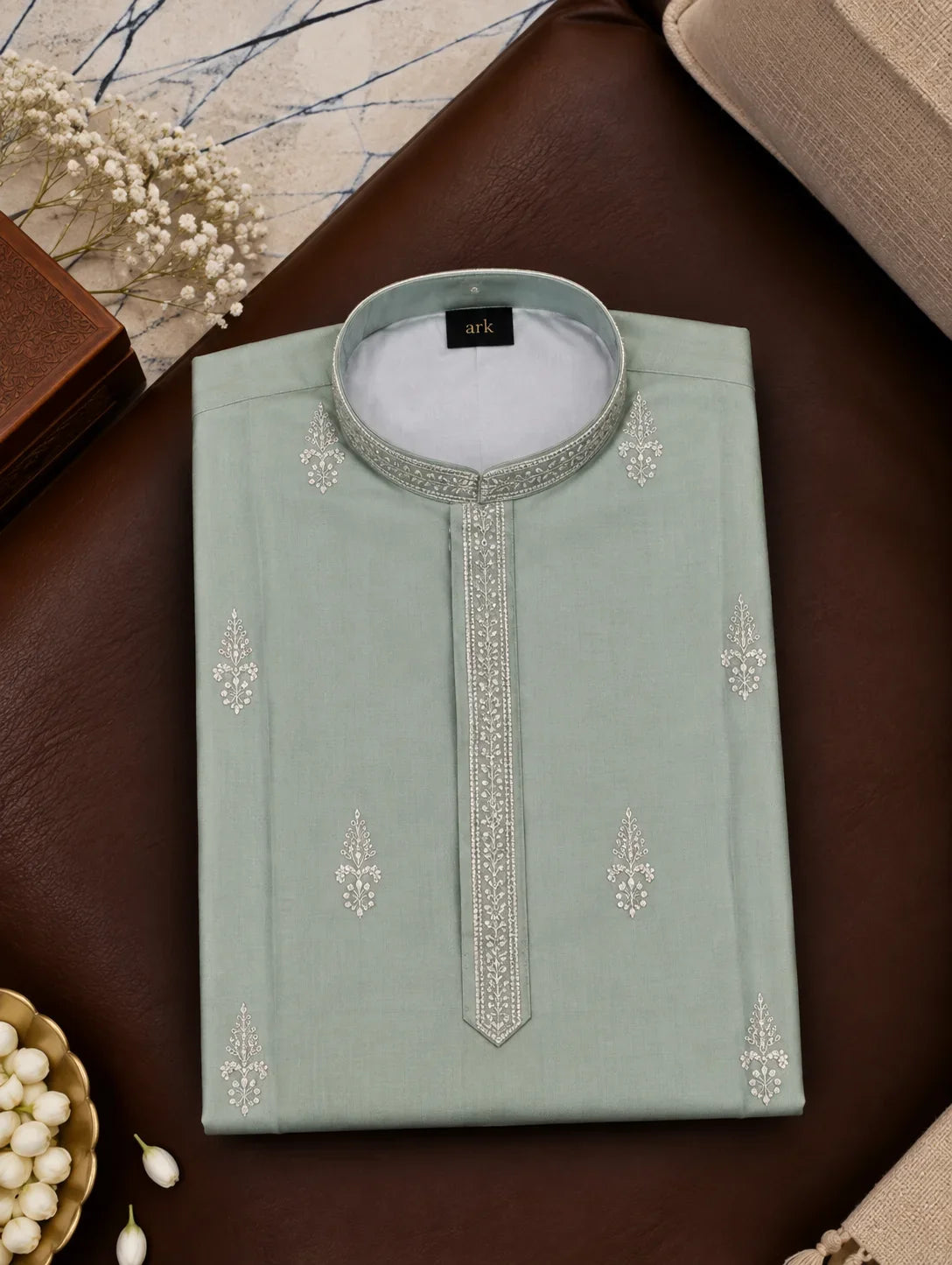 Pastel Sage Green Kurta With Tonal Embroidery And Off-white Pyjama