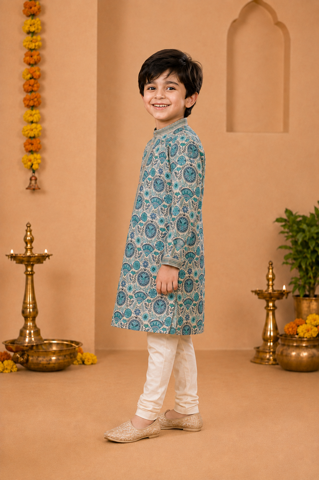 Ivory Printed Kurta With Teal-blue Motifs And Off-white Pyjama