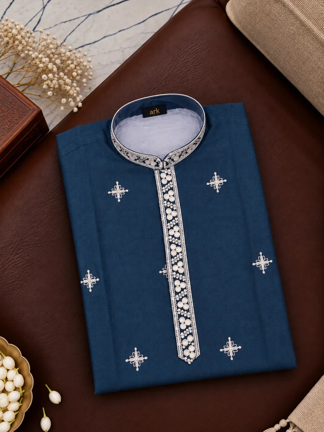 Dark Blue Kurta With White Floral Embroidery And Off-white Pyjama