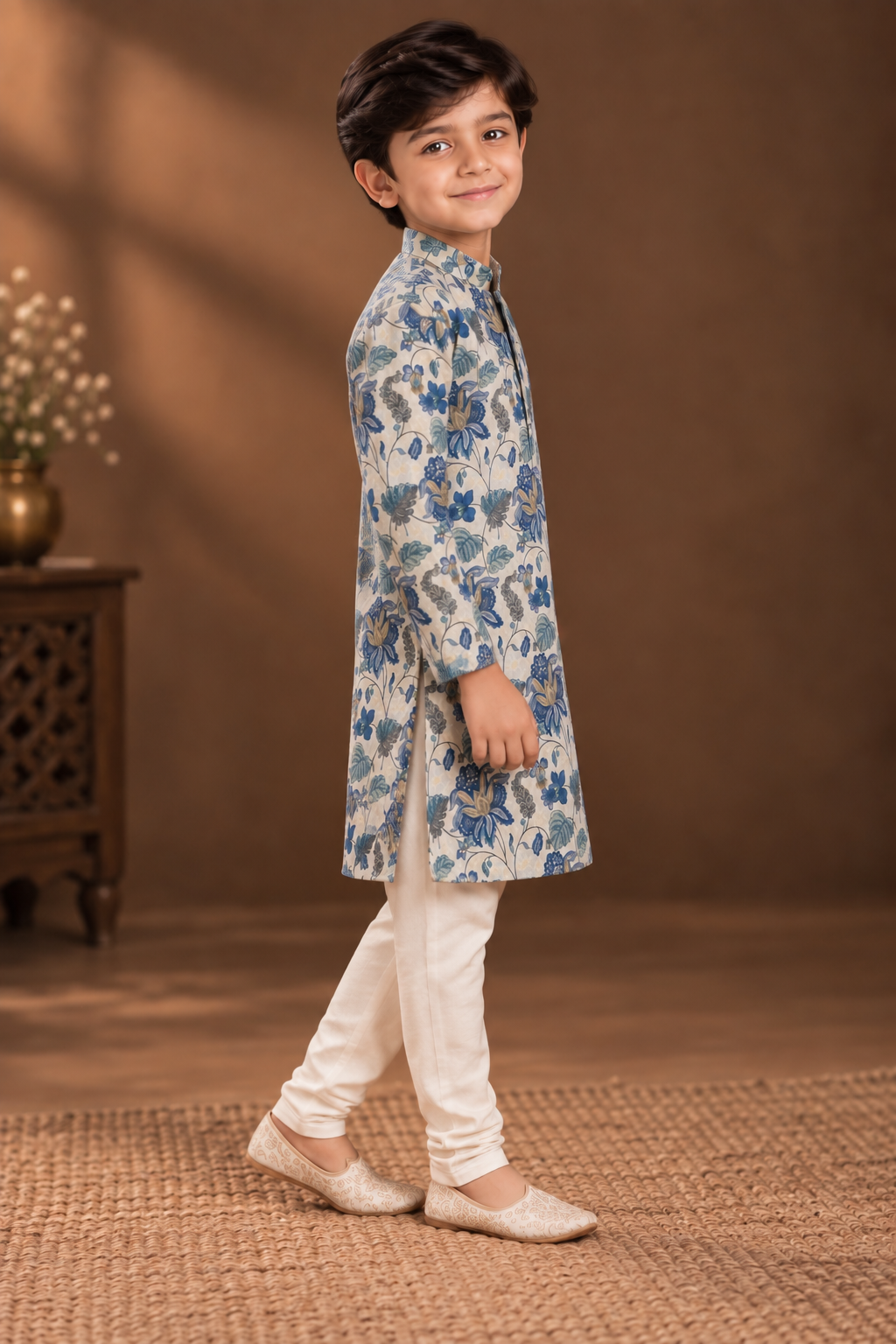 Ivory & Blue Floral Printed Kurta With Off-white Pyjama