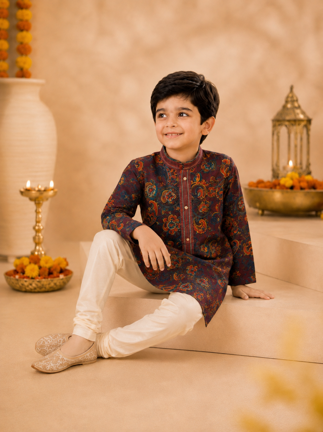 Deep Maroon Printed Kurta With Vibrant Paisley Motifs And Off-White Pyjama