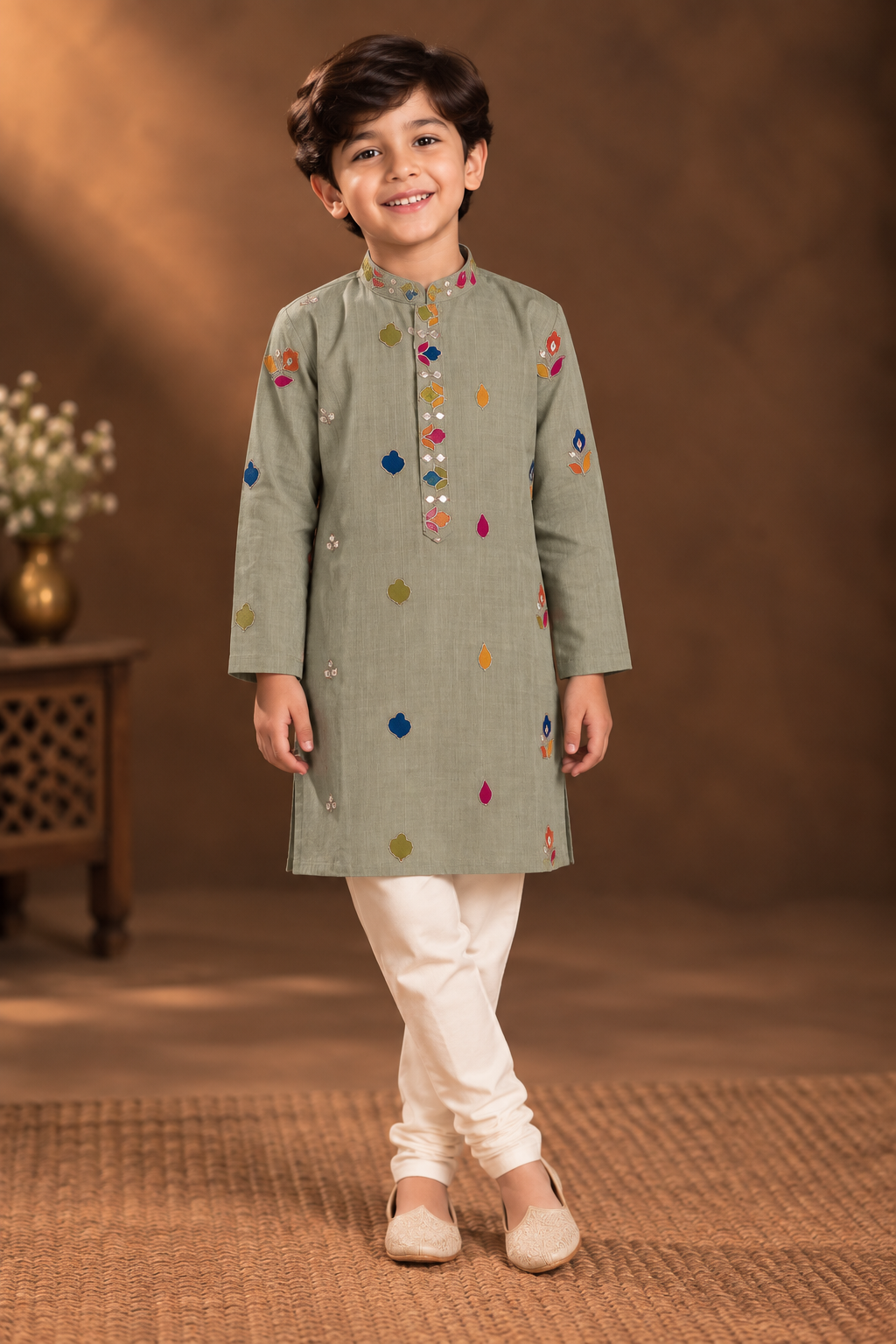 Sage Green Kurta With Vibrant Multicolour Floral Embroidery And Off-white Pyjama