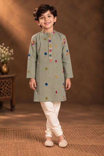 Sage Green Kurta With Vibrant Multicolour Floral Embroidery And Off-white Pyjama