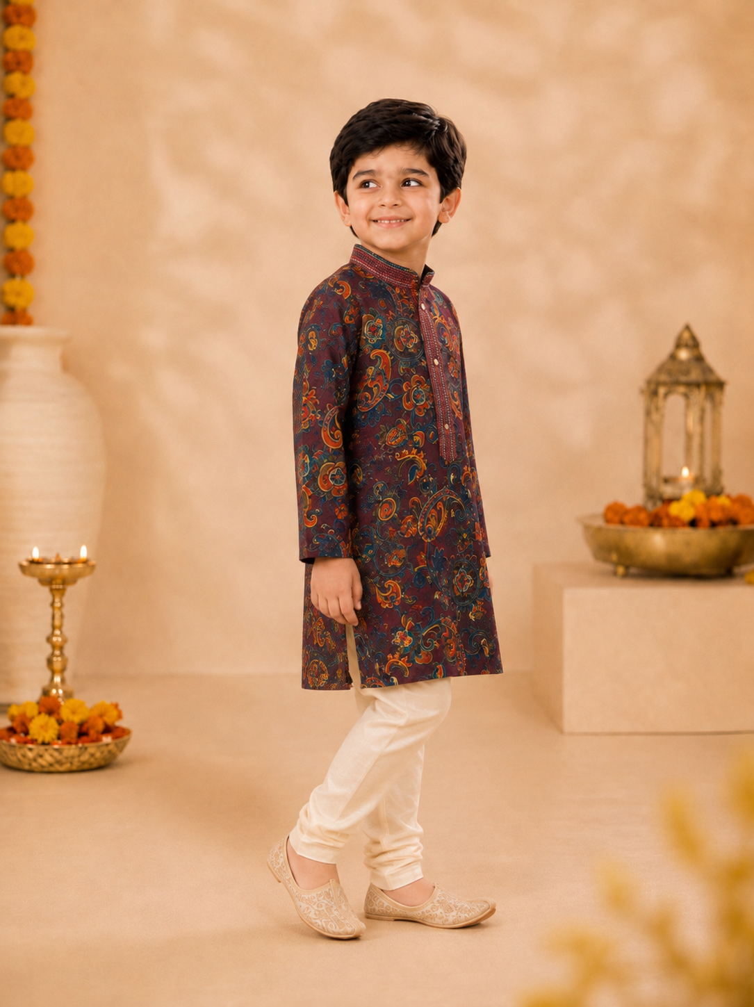 Deep Maroon Printed Kurta With Vibrant Paisley Motifs And Off-White Pyjama