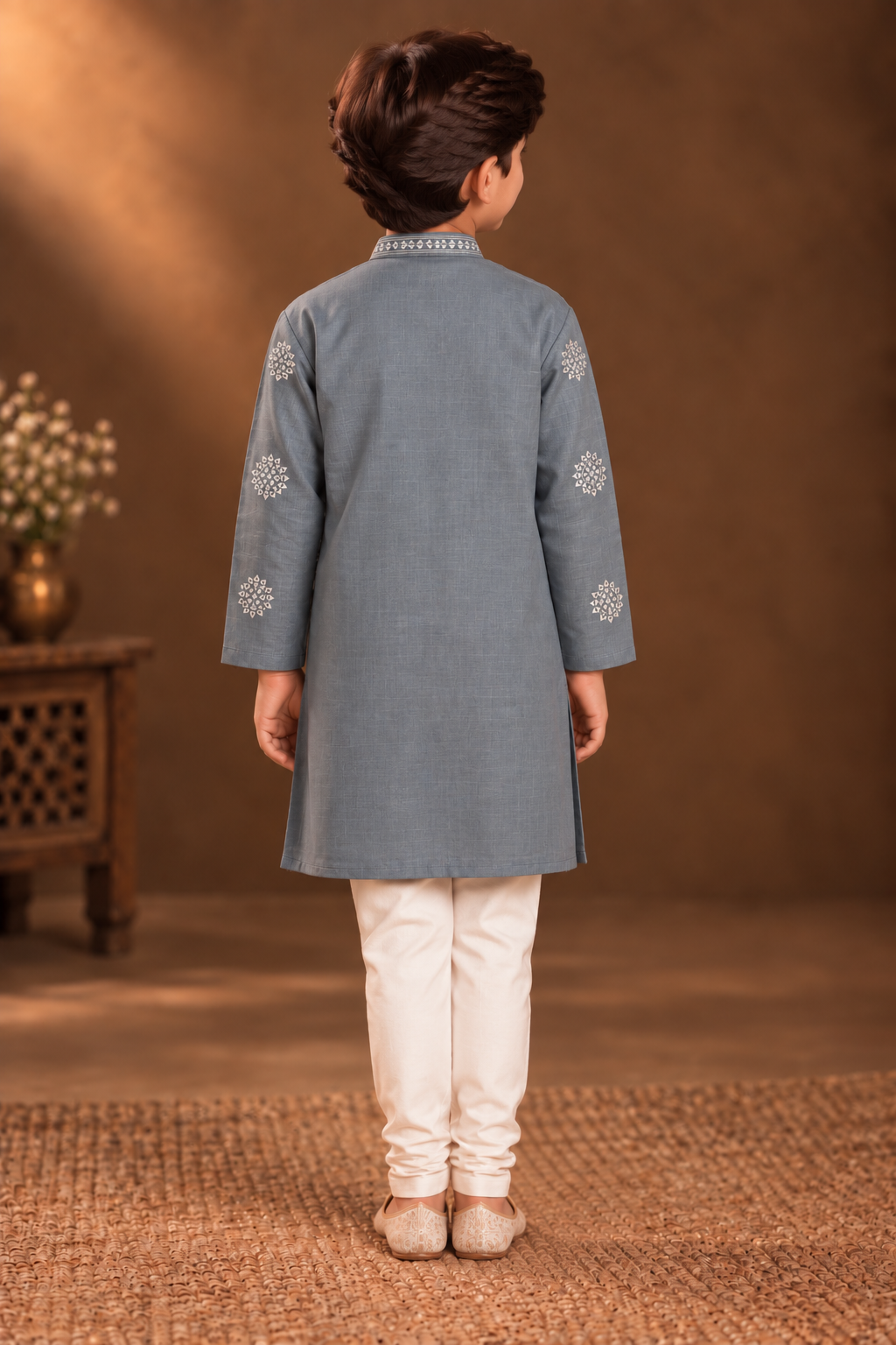 Dusty Blue Kurta With Silver Geometric Embroidery And Off-white Pyjama