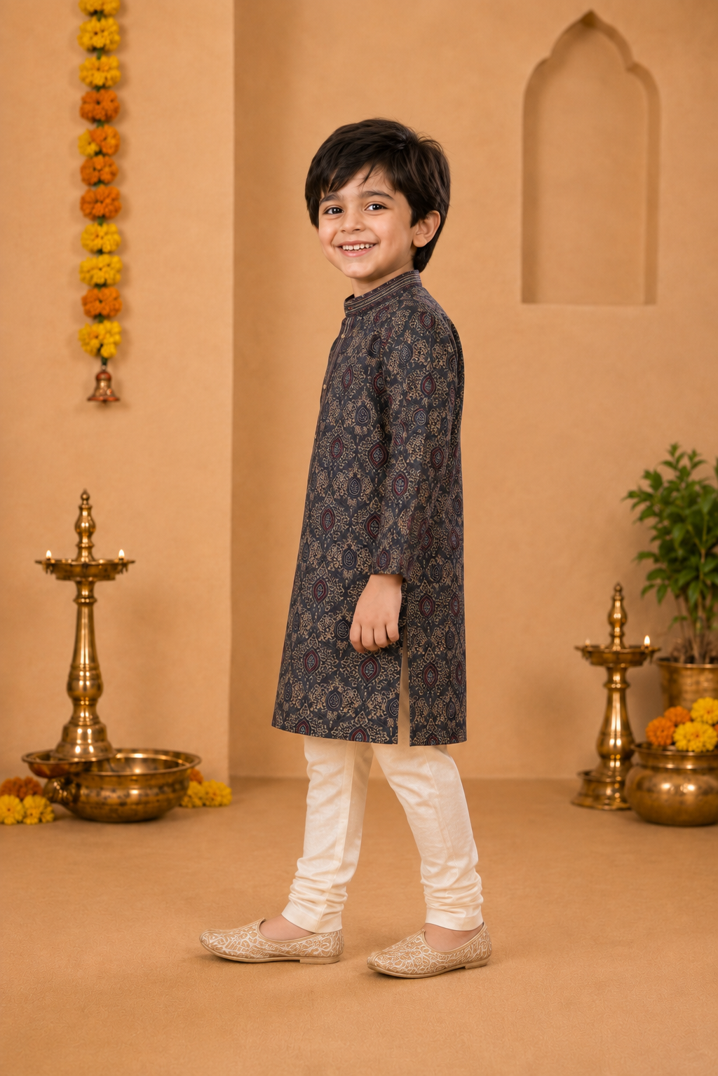 Charcoal Grey Printed Kurta With Off-white Pyjama