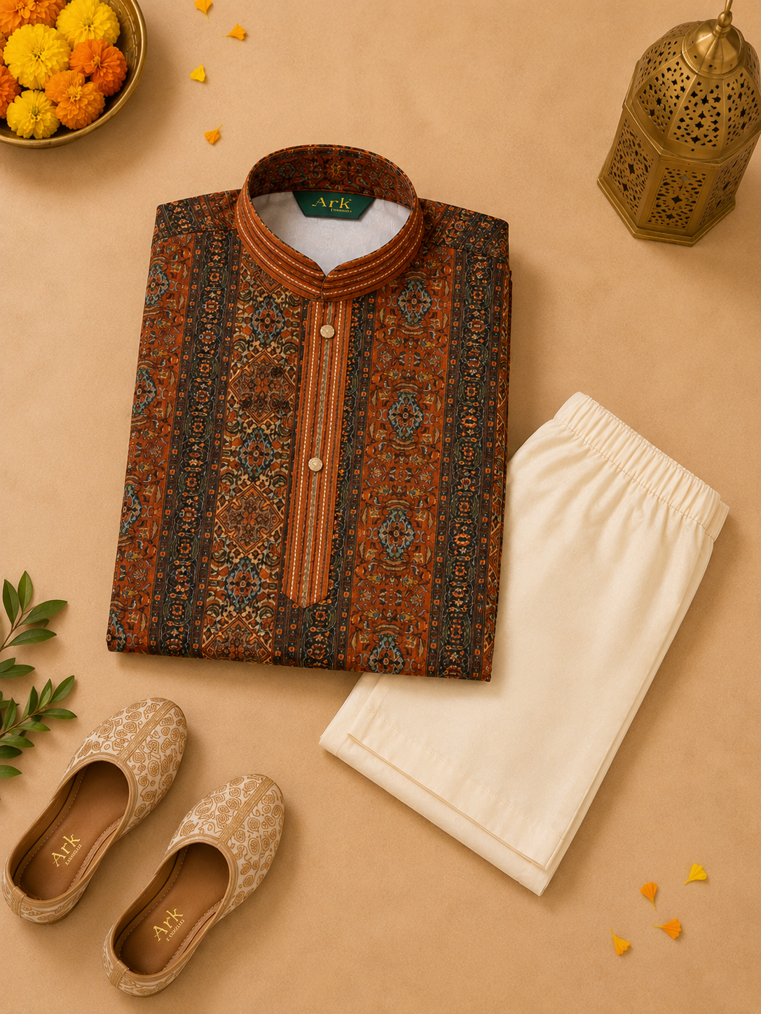 Burnt Orange Printed Kurta With Off-white Pyjama
