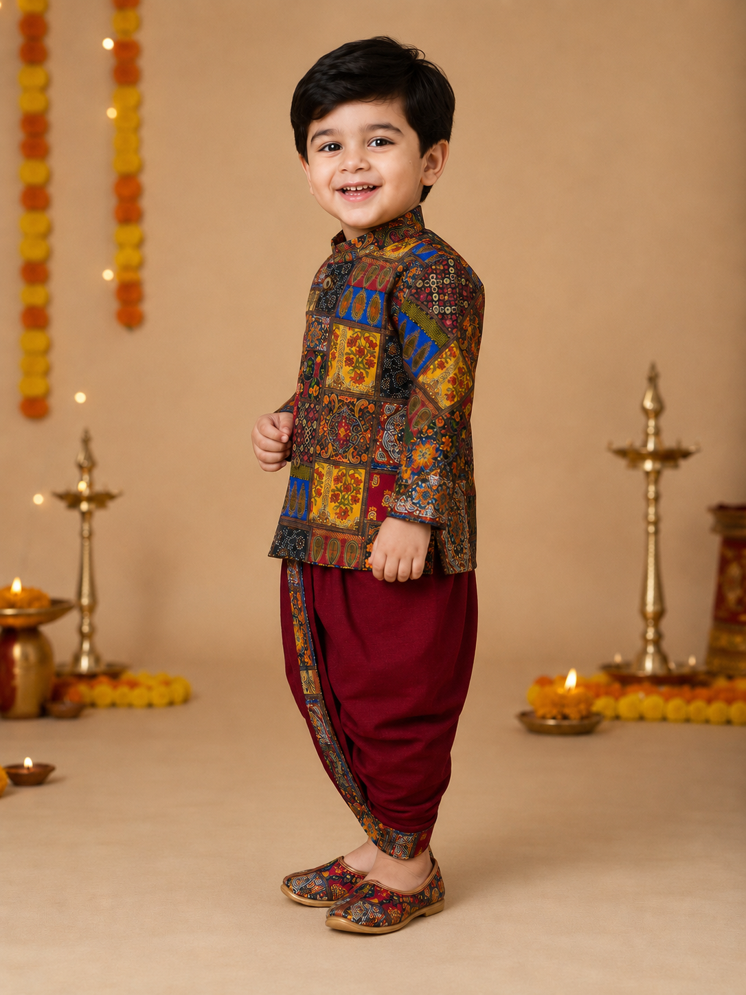 Multicolor Printed Kurta With Maroon Dhoti