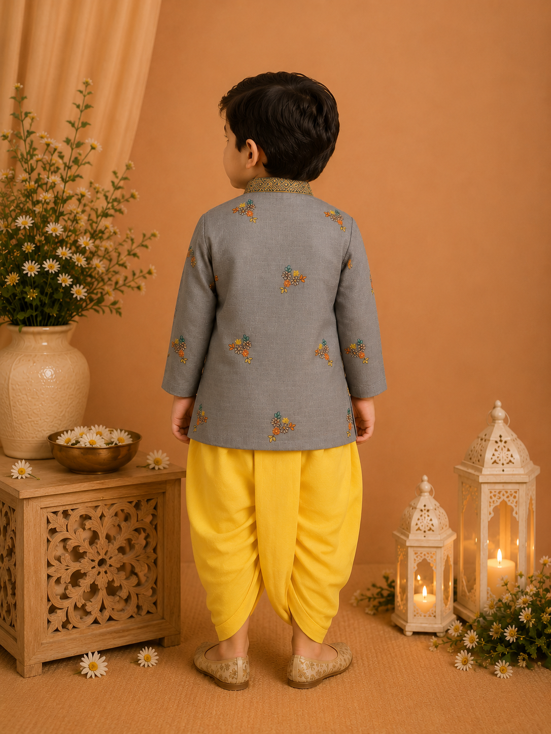 Grey Printed Kurta With Yellow Dhoti