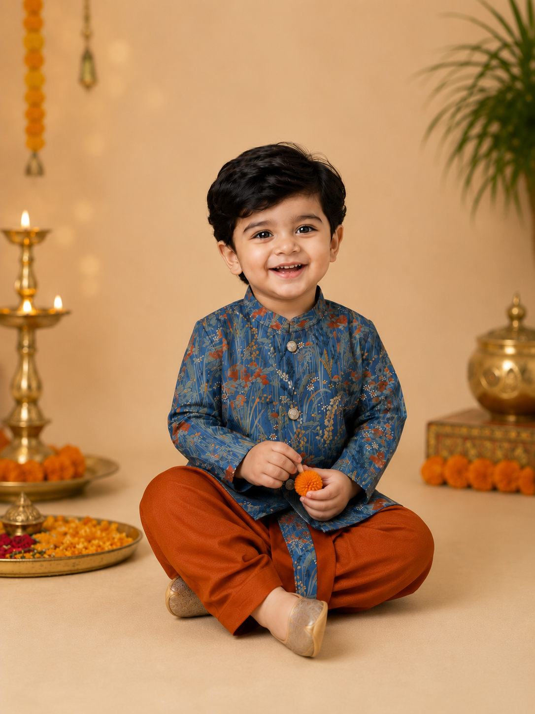 Blue Printed Kurta With Rust Dhoti