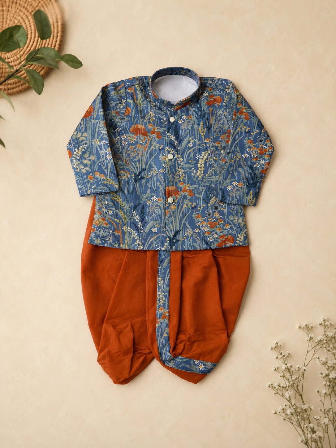 Blue Printed Kurta With Rust Dhoti