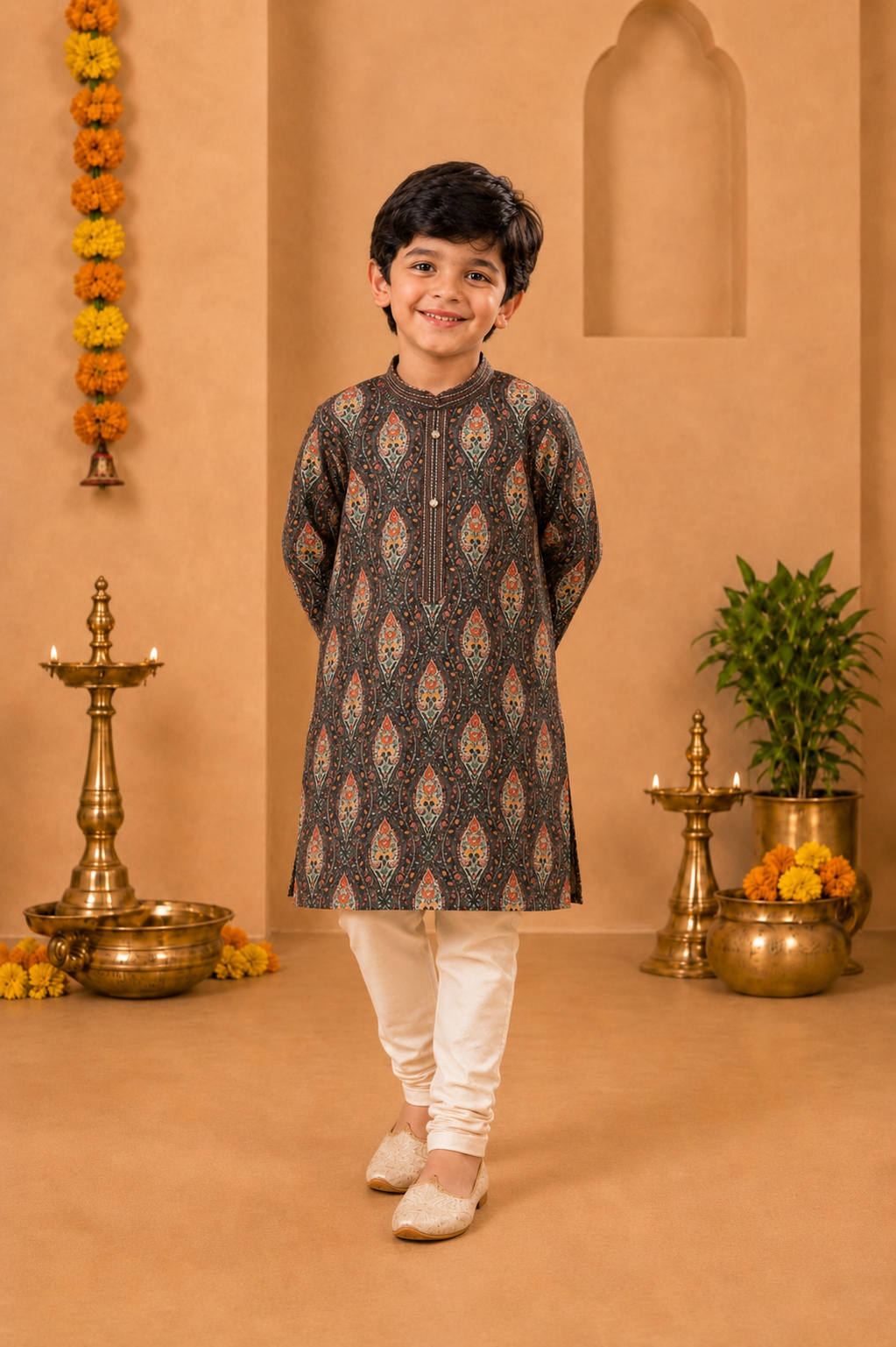 Charcoal Grey Printed Kurta With Off-white Pyjama