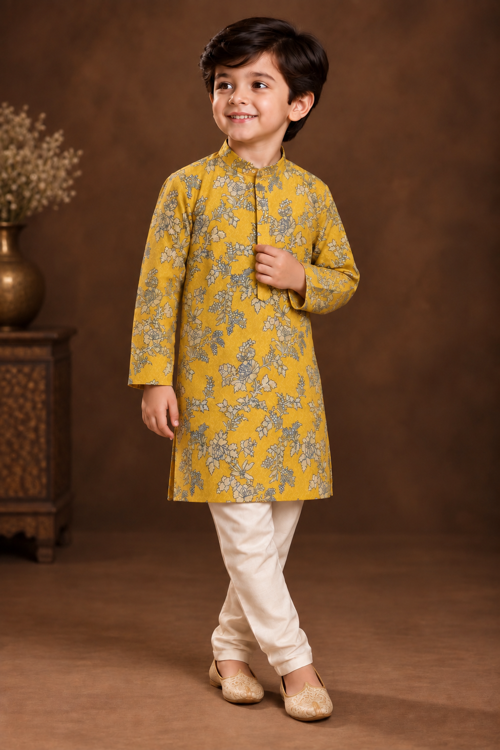 Mustard Yellow Floral Printed Kurta With Off-white Pyjama