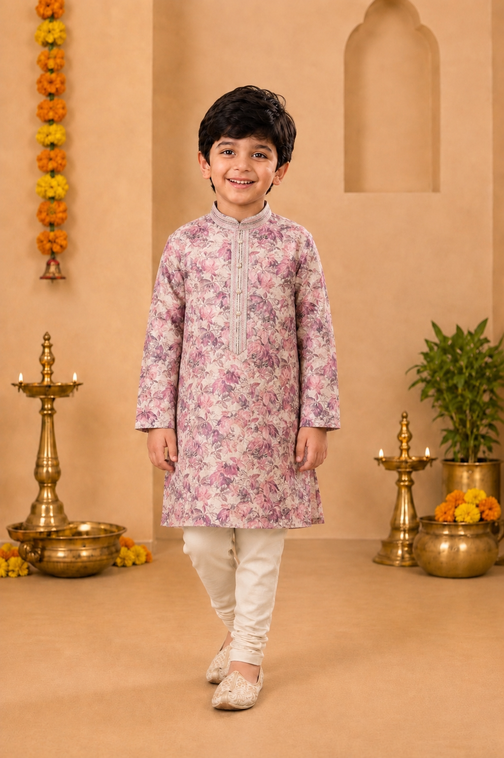Blush Pink Floral Printed Kurta With Off-White Pyjama